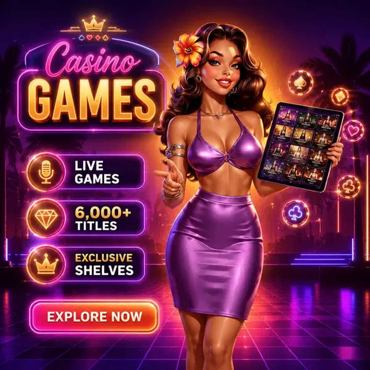 Evening Diva esplora i giochi del casinò su Gambloria con tablet luminoso che mostra opzioni di dealer dal vivo