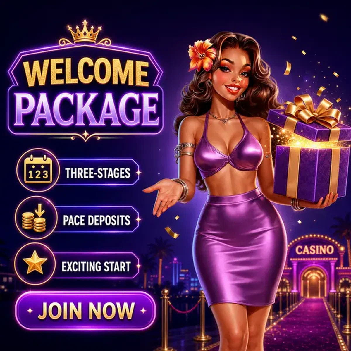 Evening Diva presenta il regalo del Pacchetto di Benvenuto alla registrazione del casinò glamour